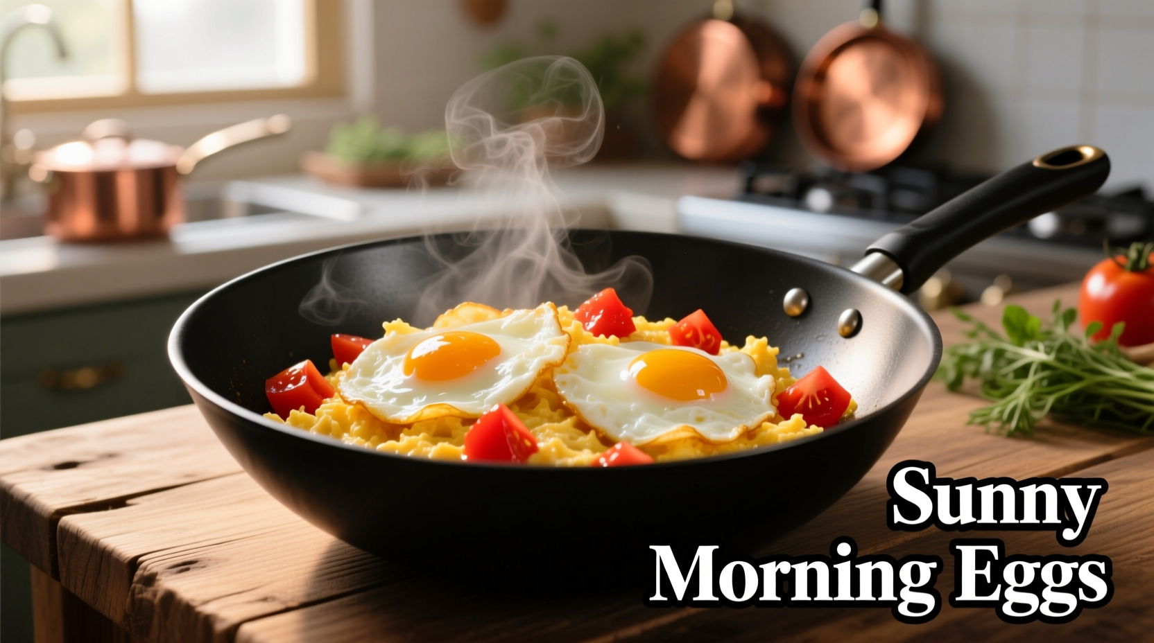 Fluffy scrambled eggs with ripe tomatoes in wok