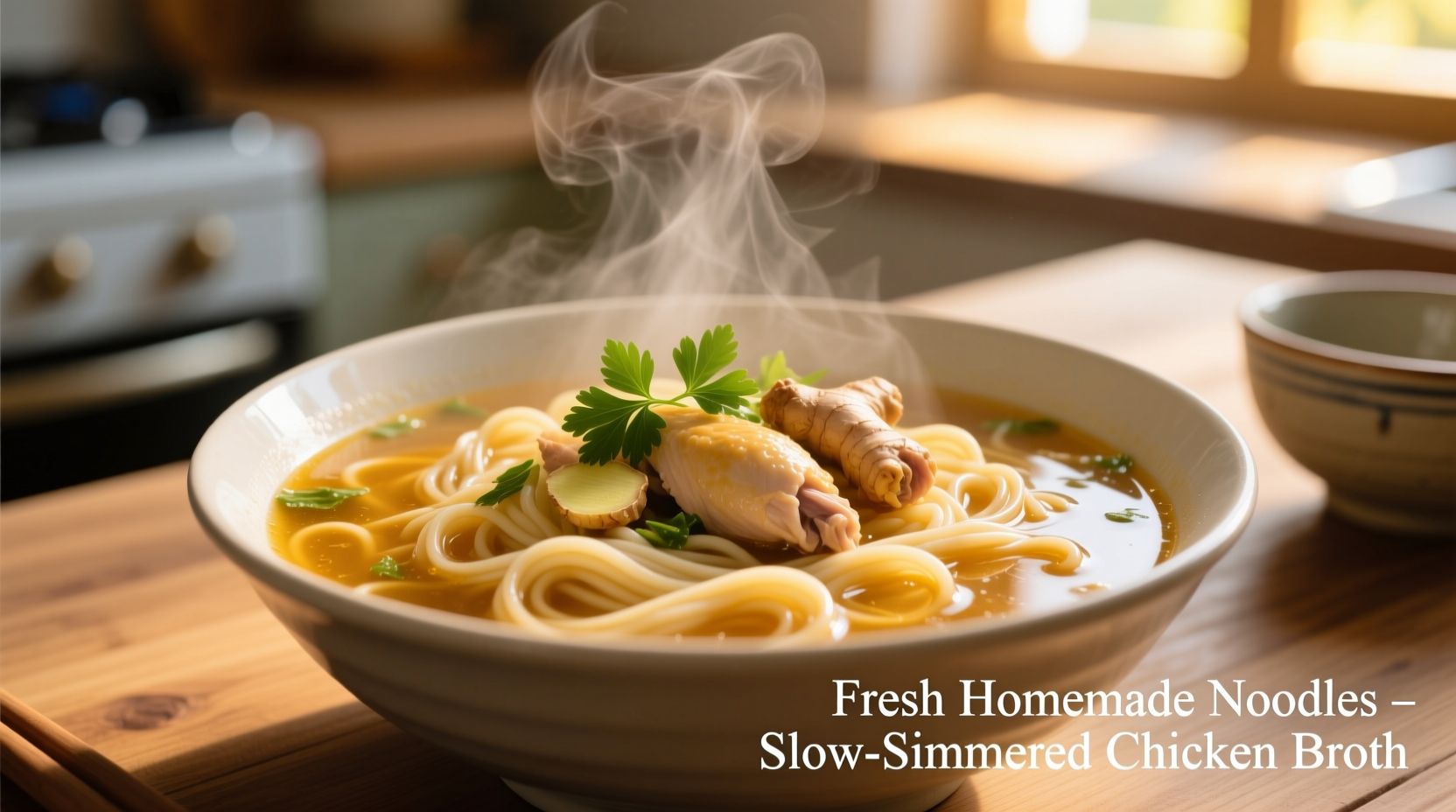 Fresh homemade noodles simmering in golden chicken broth