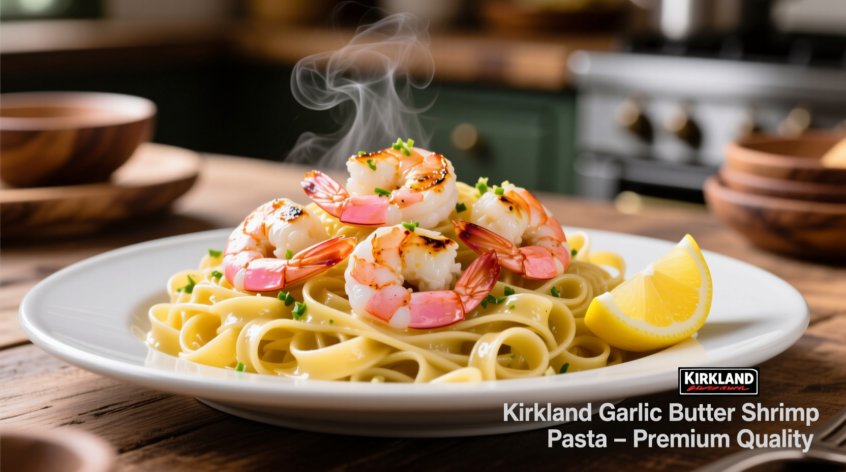 Kirkland garlic butter shrimp served over pasta with lemon wedge