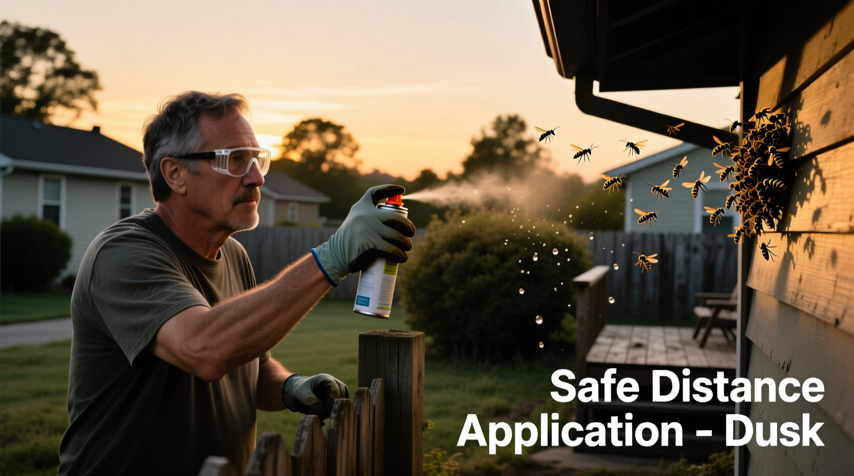 Safe distance application of homemade wasp spray at dusk