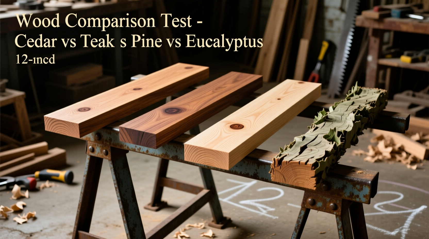 Comparison of pergola wood materials on sawhorses