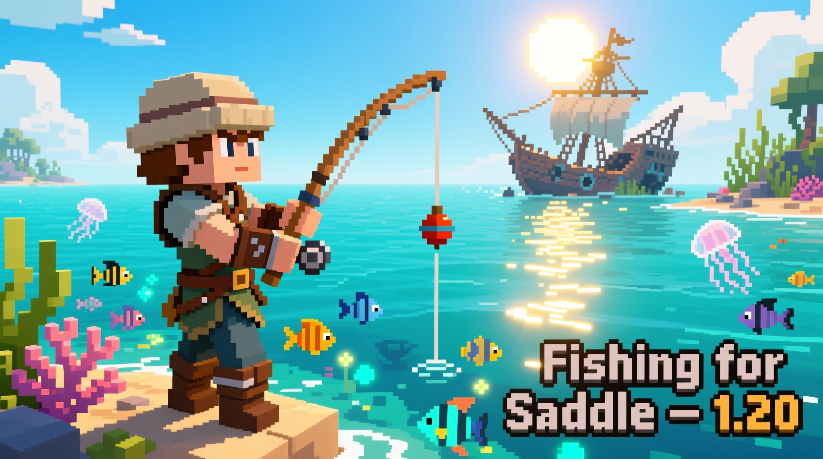 Minecraft player fishing for saddle in ocean biome