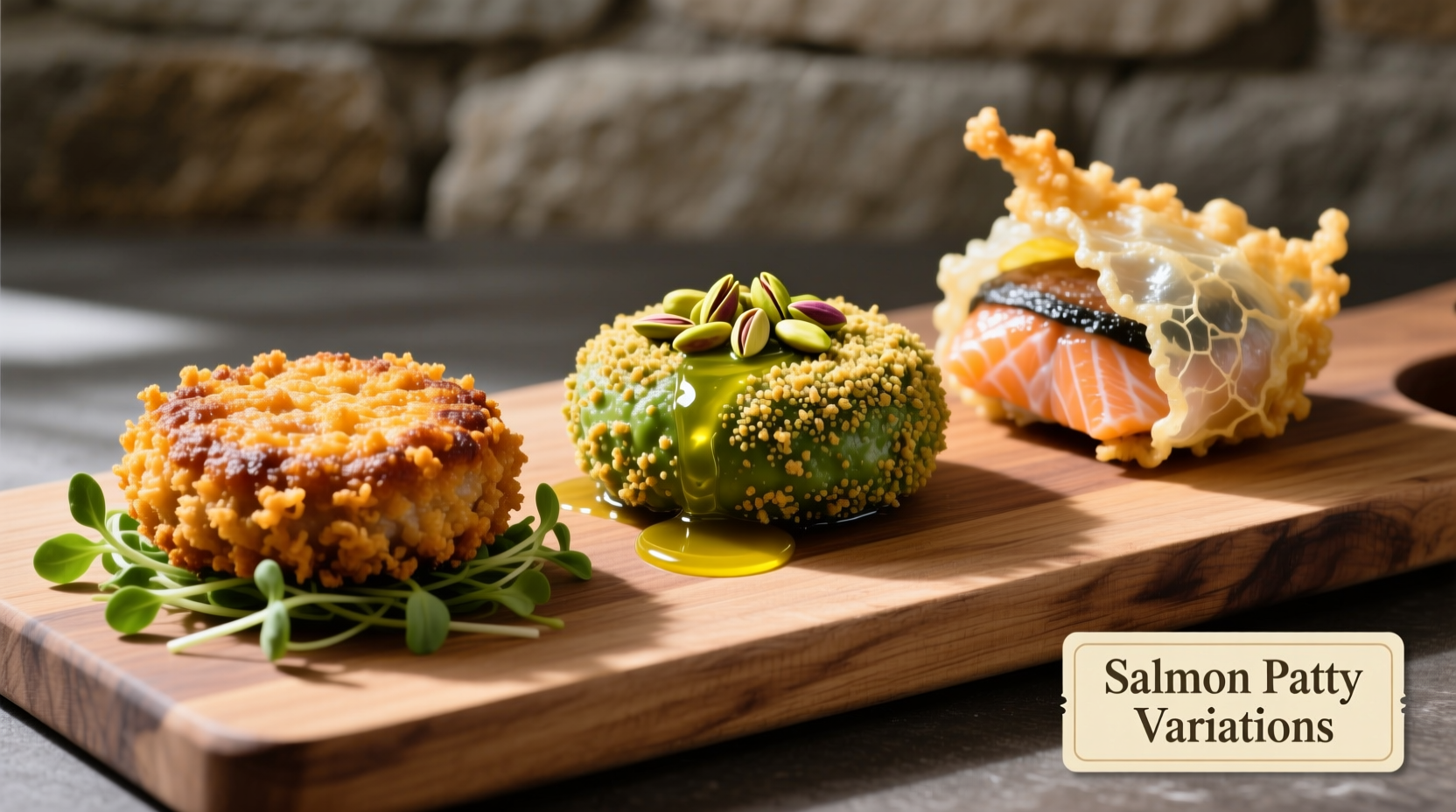 Three salmon patty variations with different coatings