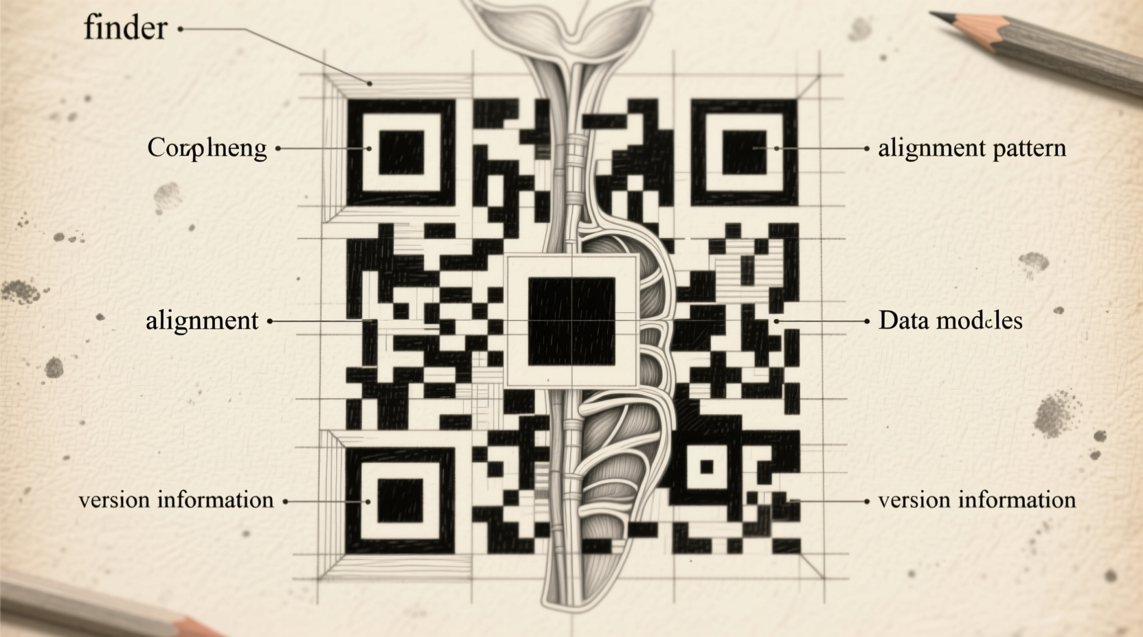 Hand-drawn QR code anatomy with labeled components