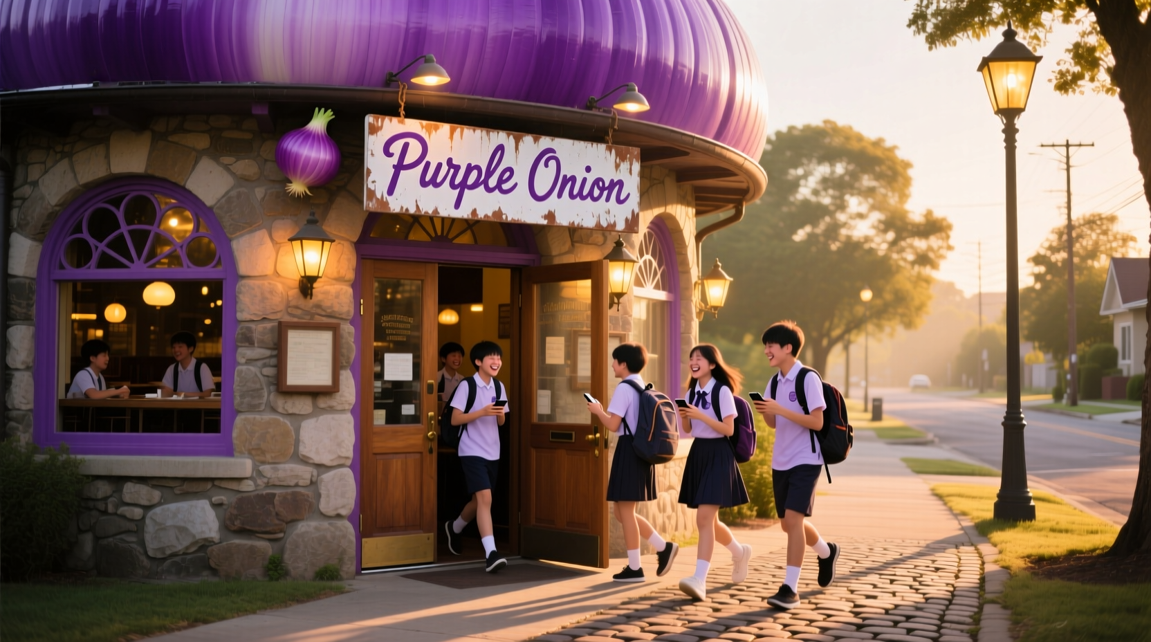 Purple Onion restaurant exterior with students entering