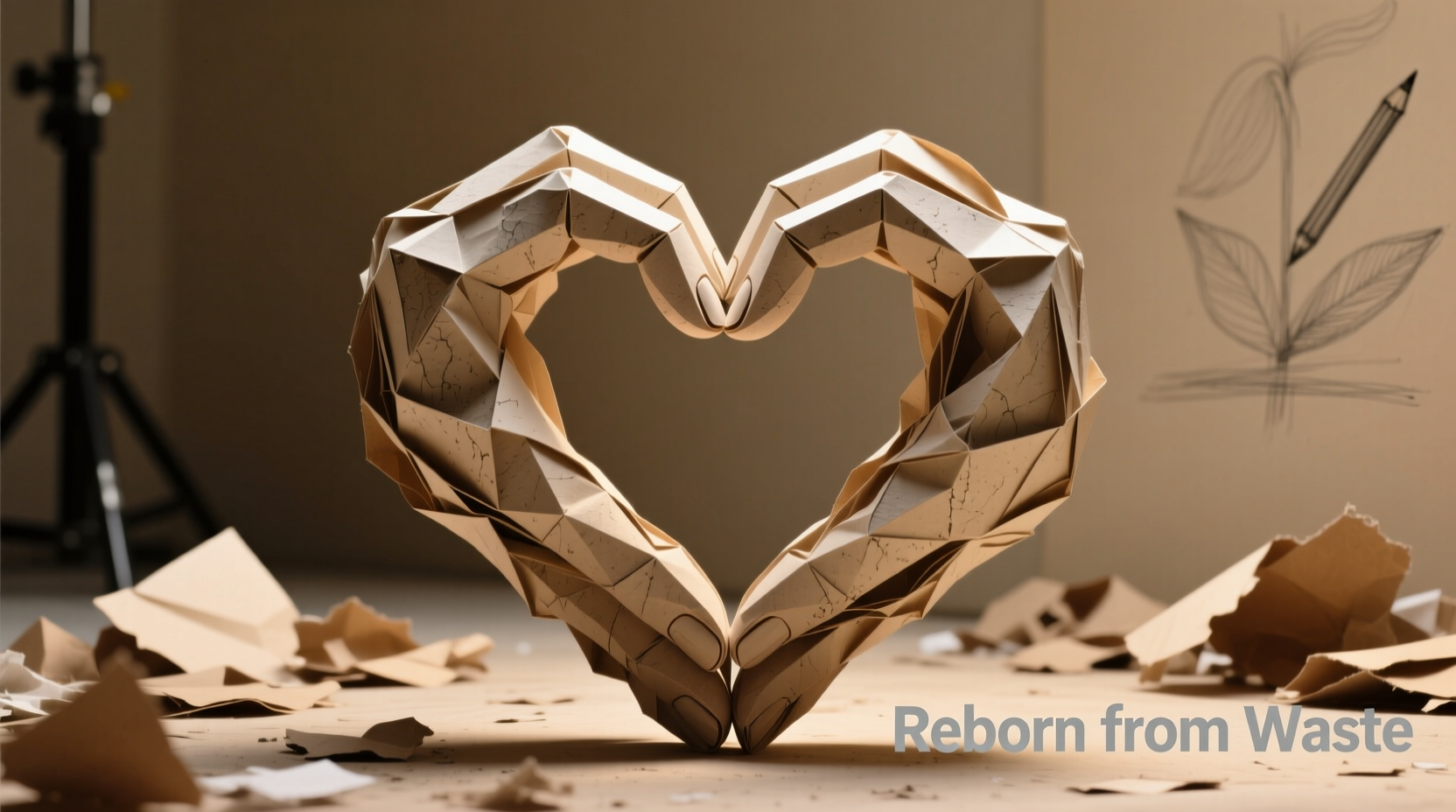 Hands shaping recycled paper into meaningful sculpture