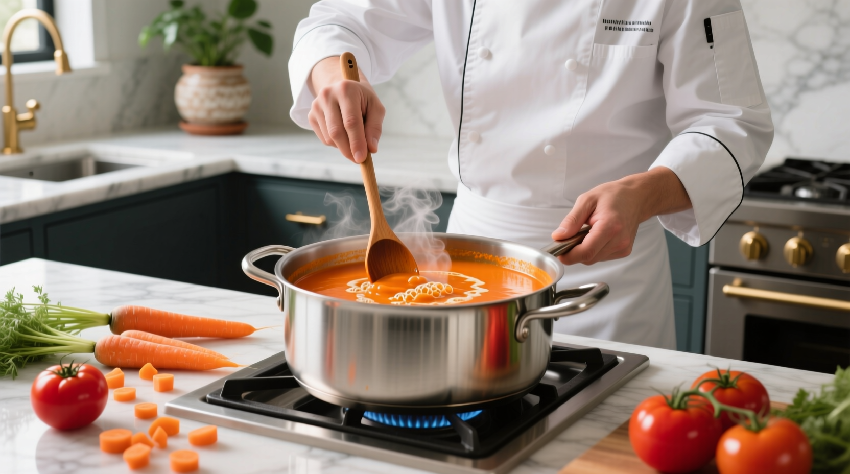 Chef preparing vibrant orange carrot tomato soup