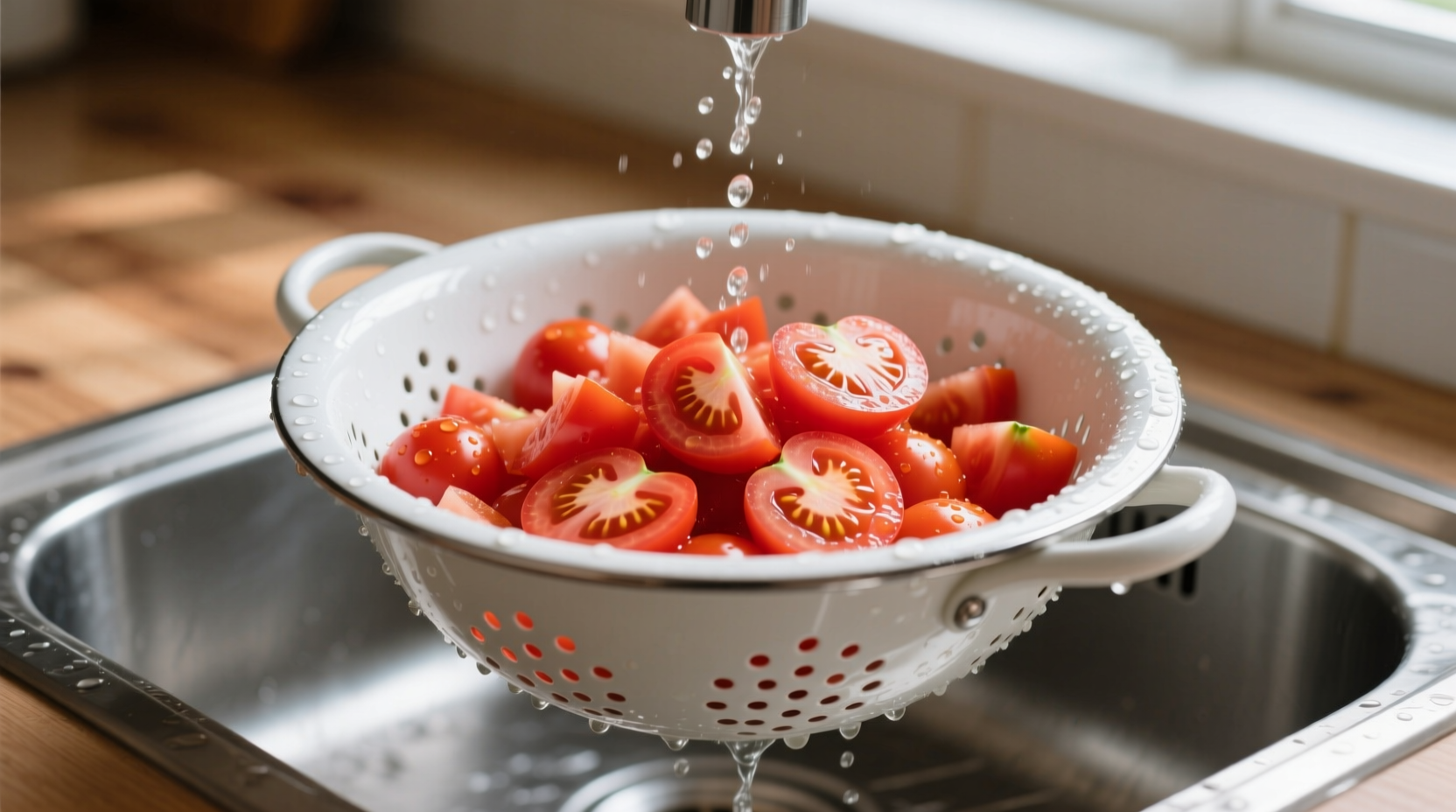 Fresh diced tomatoes in colander draining