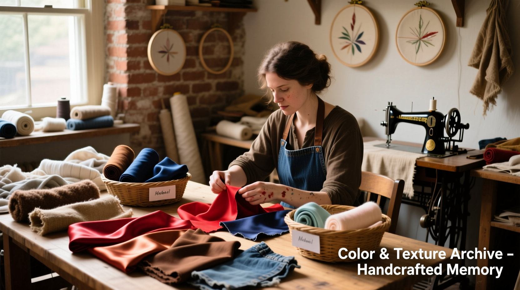 Textile artist sorting fabric scraps by color and material type