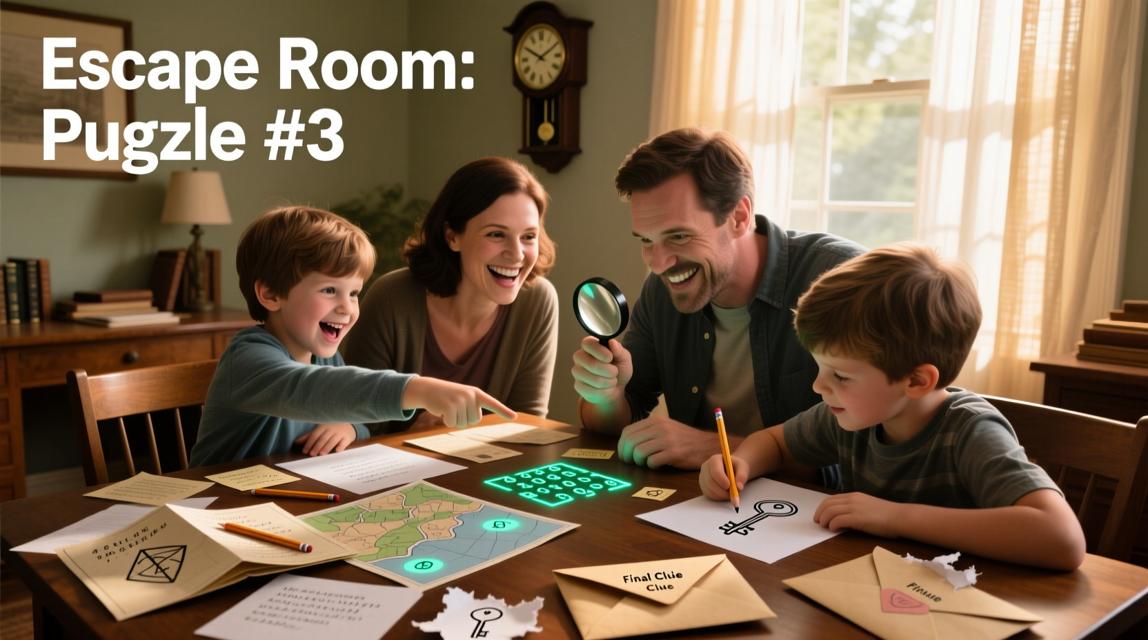 Family solving DIY escape room puzzle with paper clues
