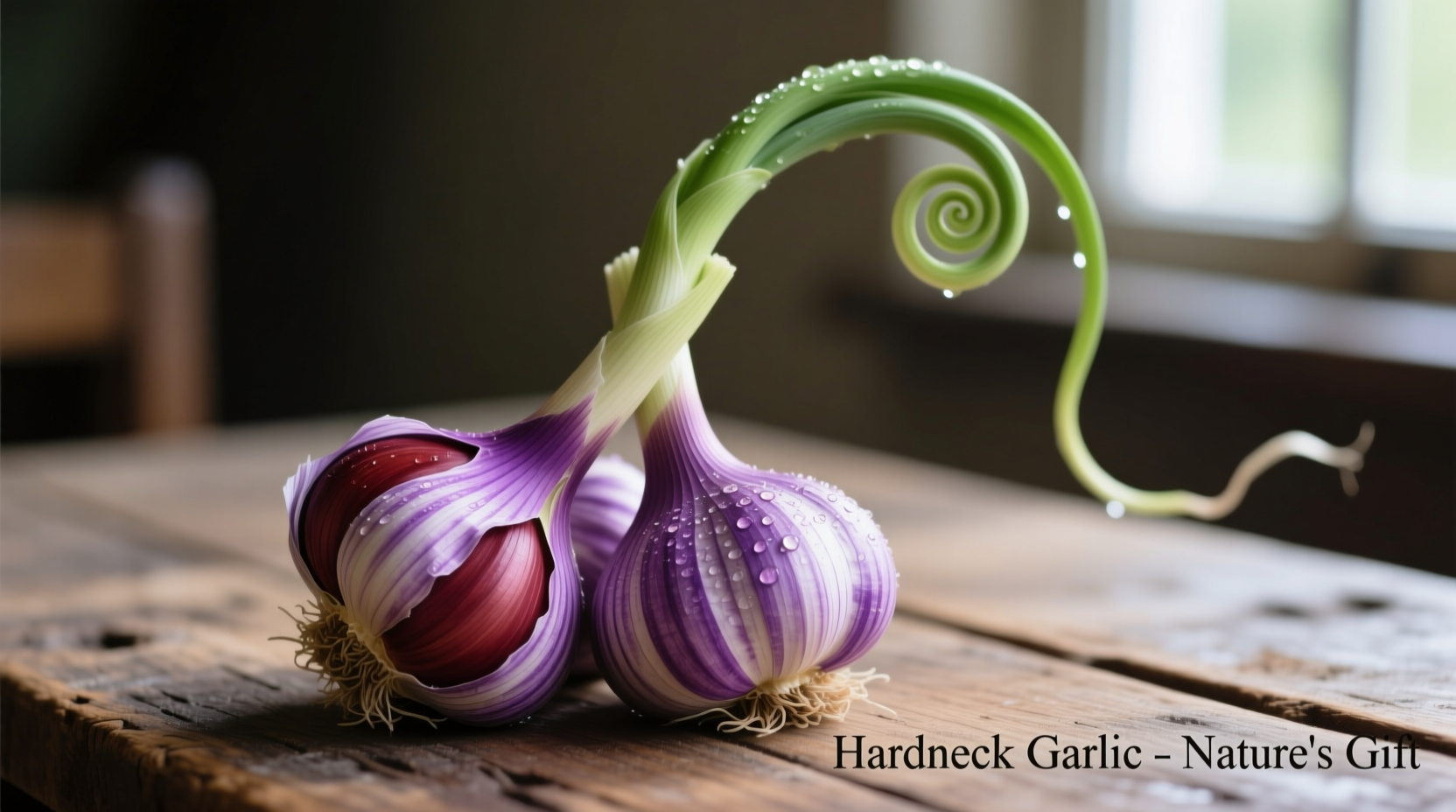 Hardneck garlic bulbs with purple-striped wrappers and attached scapes
