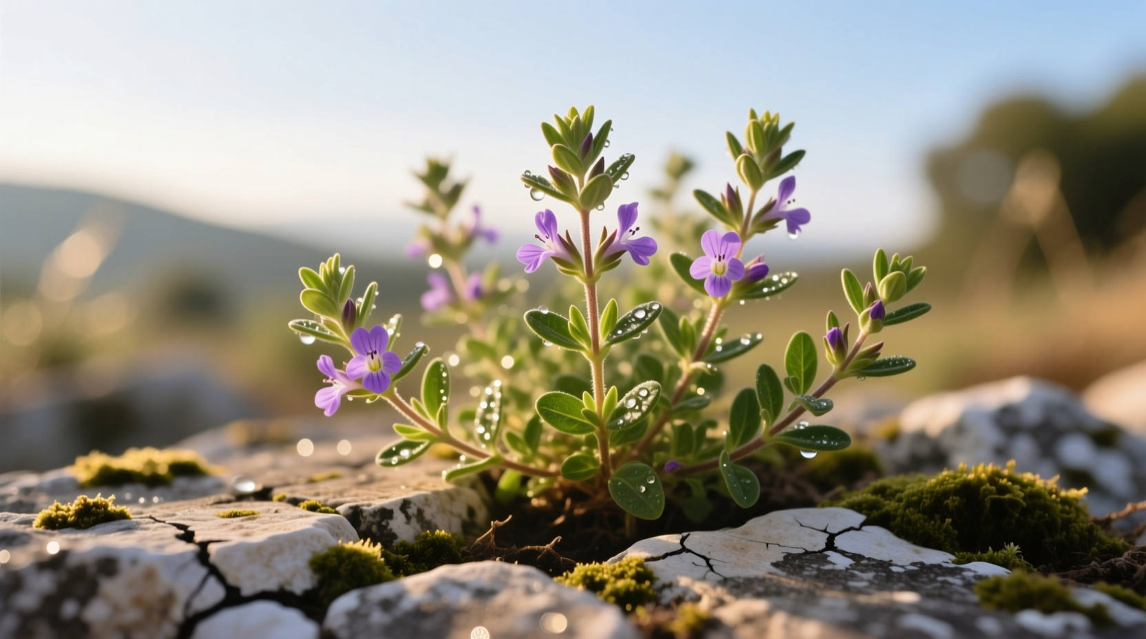 Fresh Greek oregano sprigs with vibrant purple flowers growing on rocky limestone soil in Mediterranean terrain