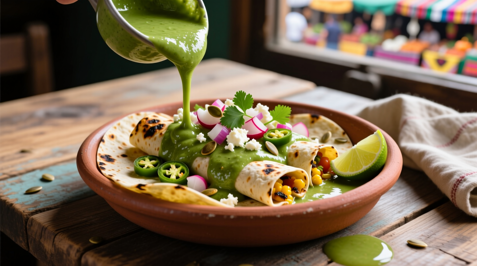 Green enchilada sauce served with tortillas and toppings