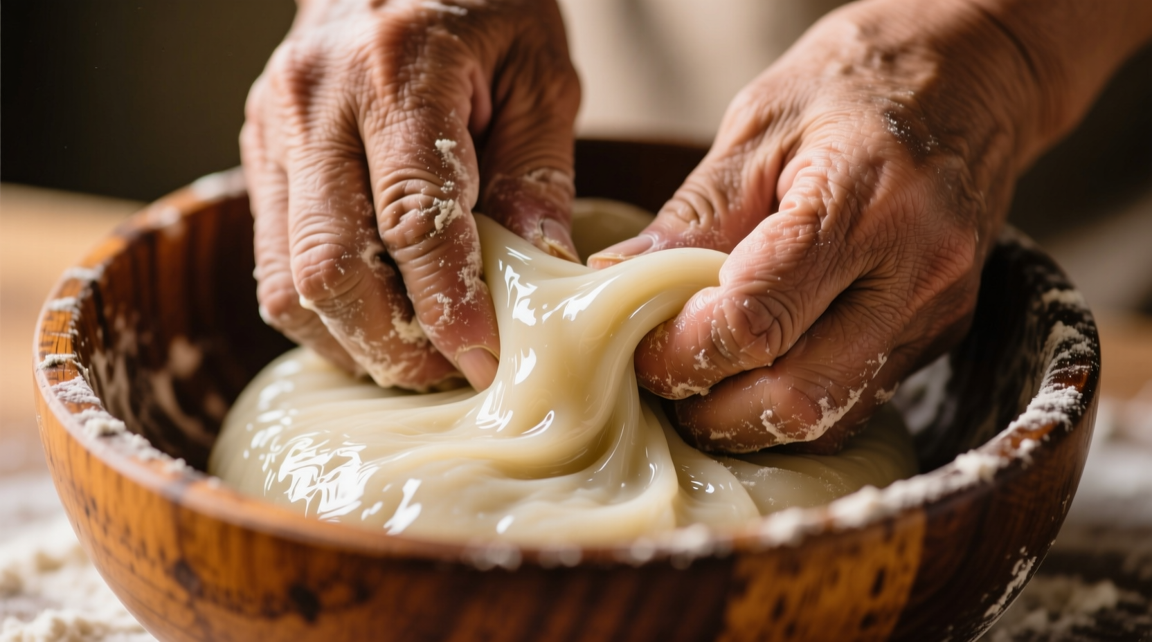 Hands kneading glossy mochi dough in wooden bowl