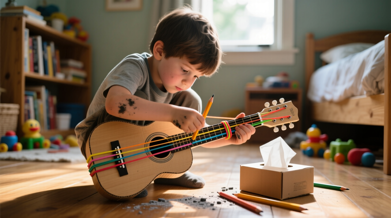 Child building rubber band guitar from tissue box and pencils