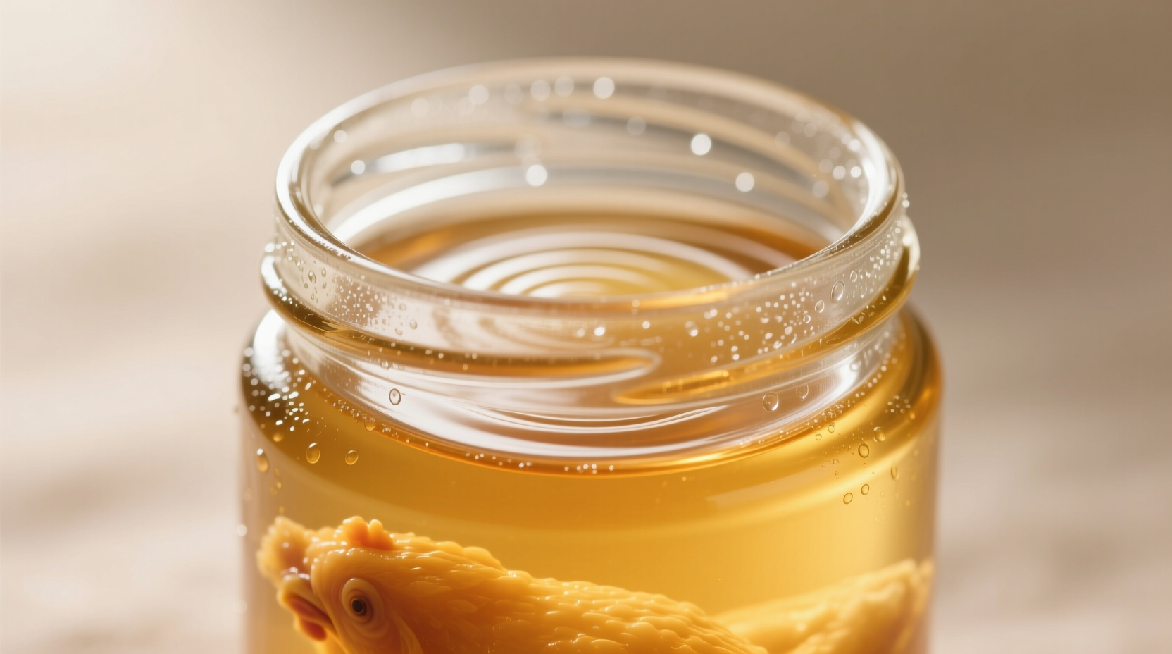 Clear golden chicken stock in glass jar showing gelatin set
