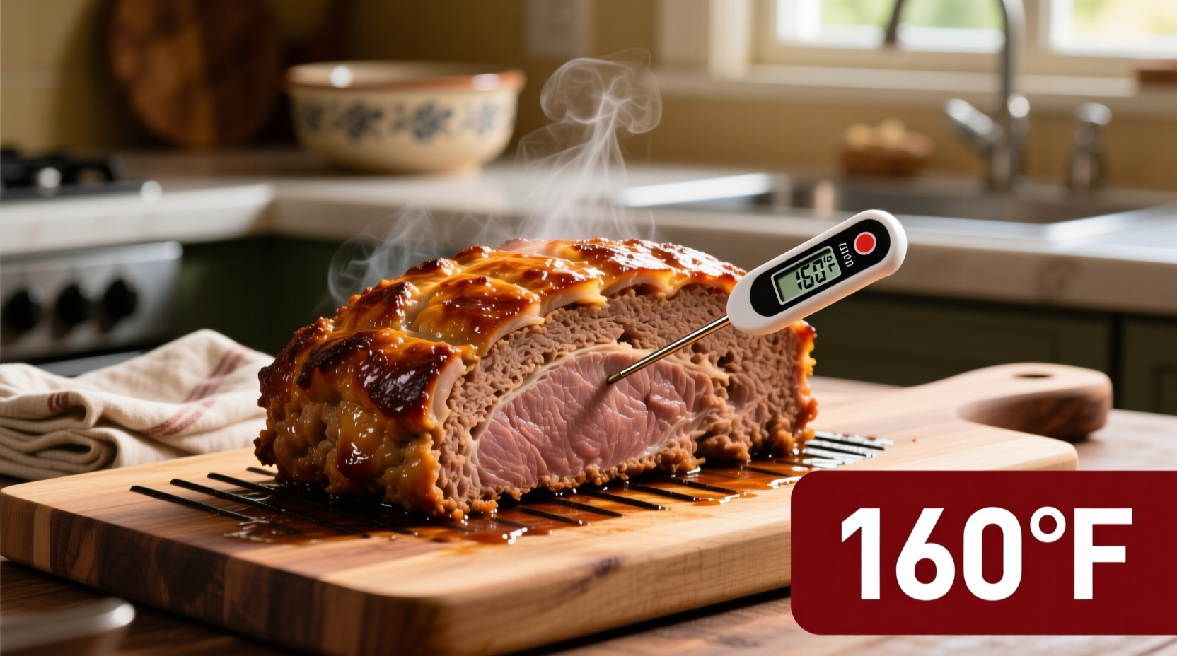 Perfectly cooked meatloaf with thermometer showing 160 degrees