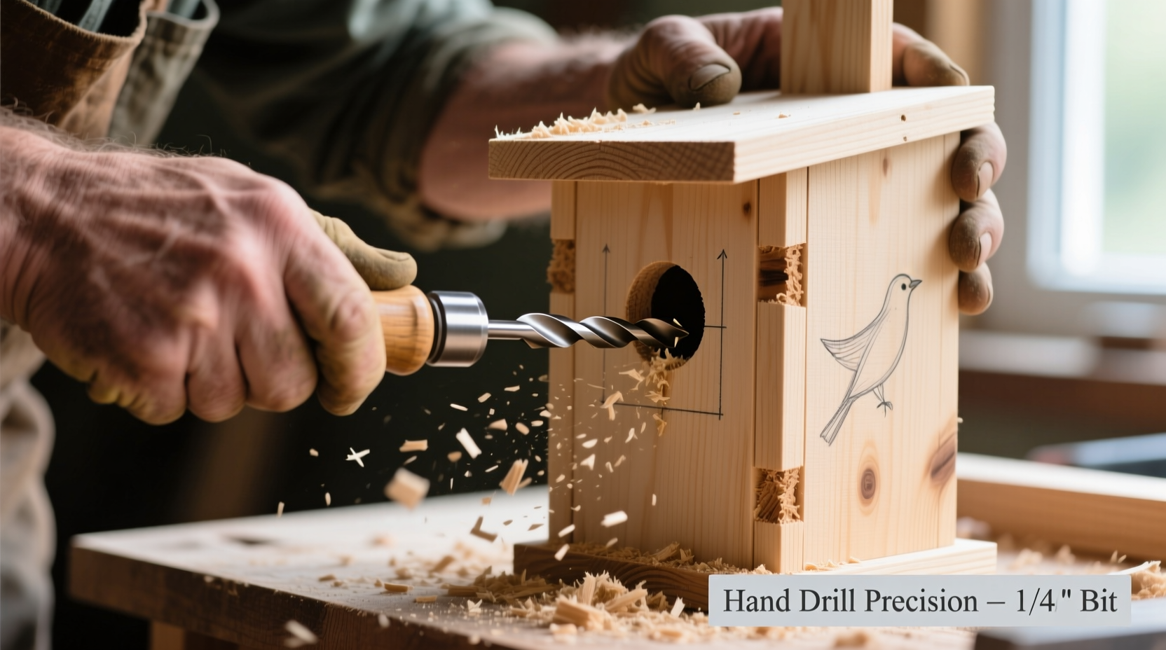 Hand drilling birdhouse entrance hole with spade bit
