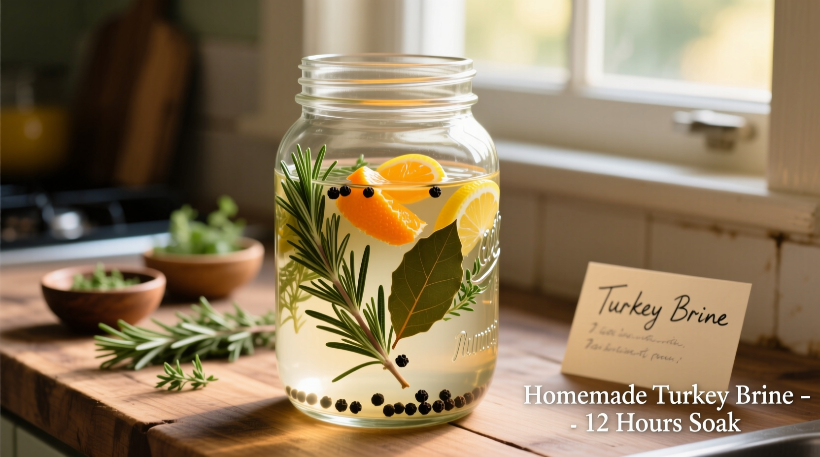 Homemade turkey brine in container with herbs