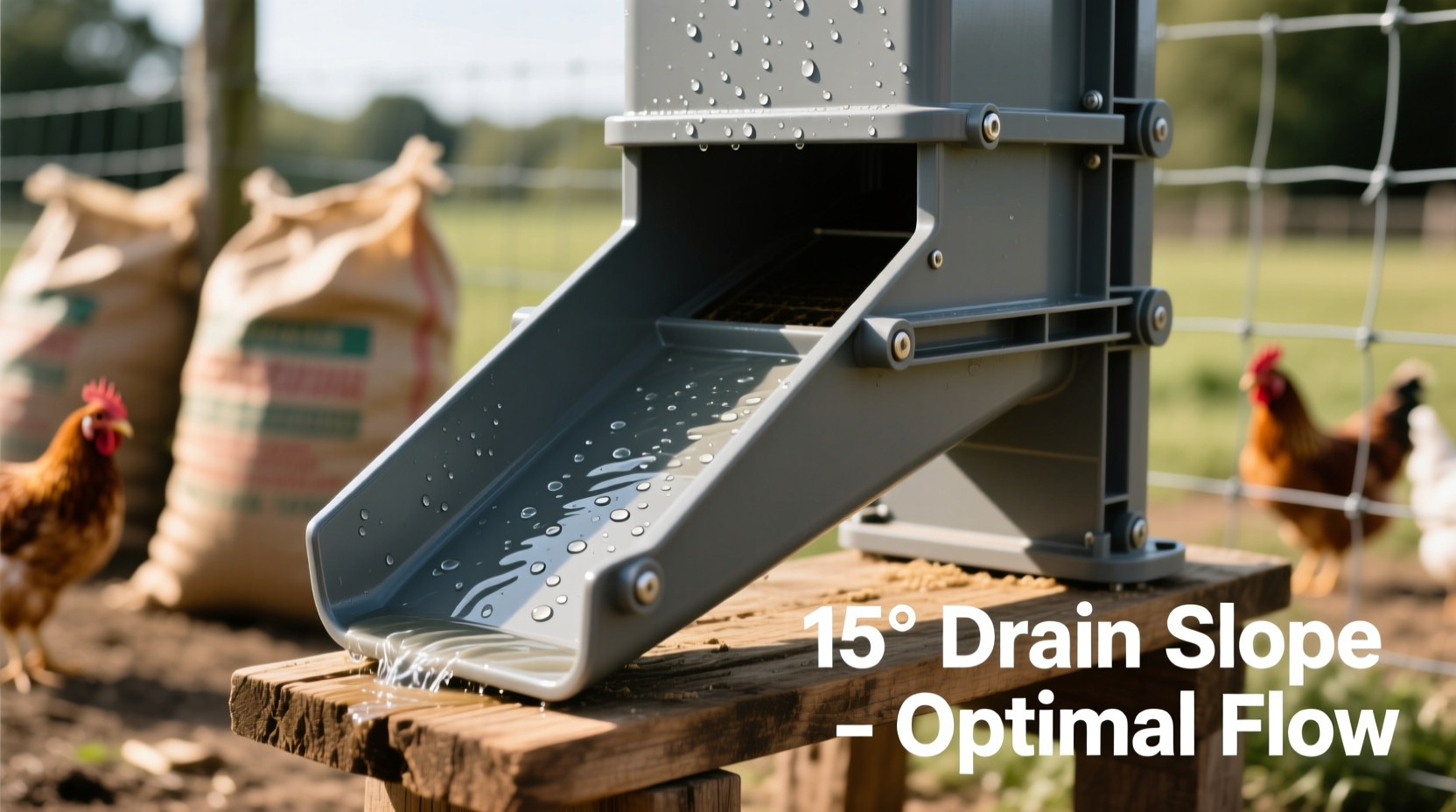 PVC chicken feeder mounted at 15 degree slope for drainage