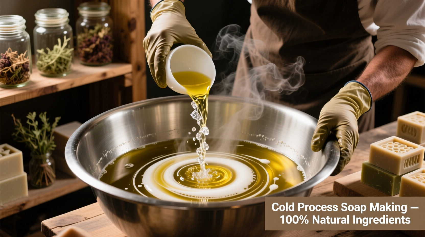 Soap maker blending lye solution with oils