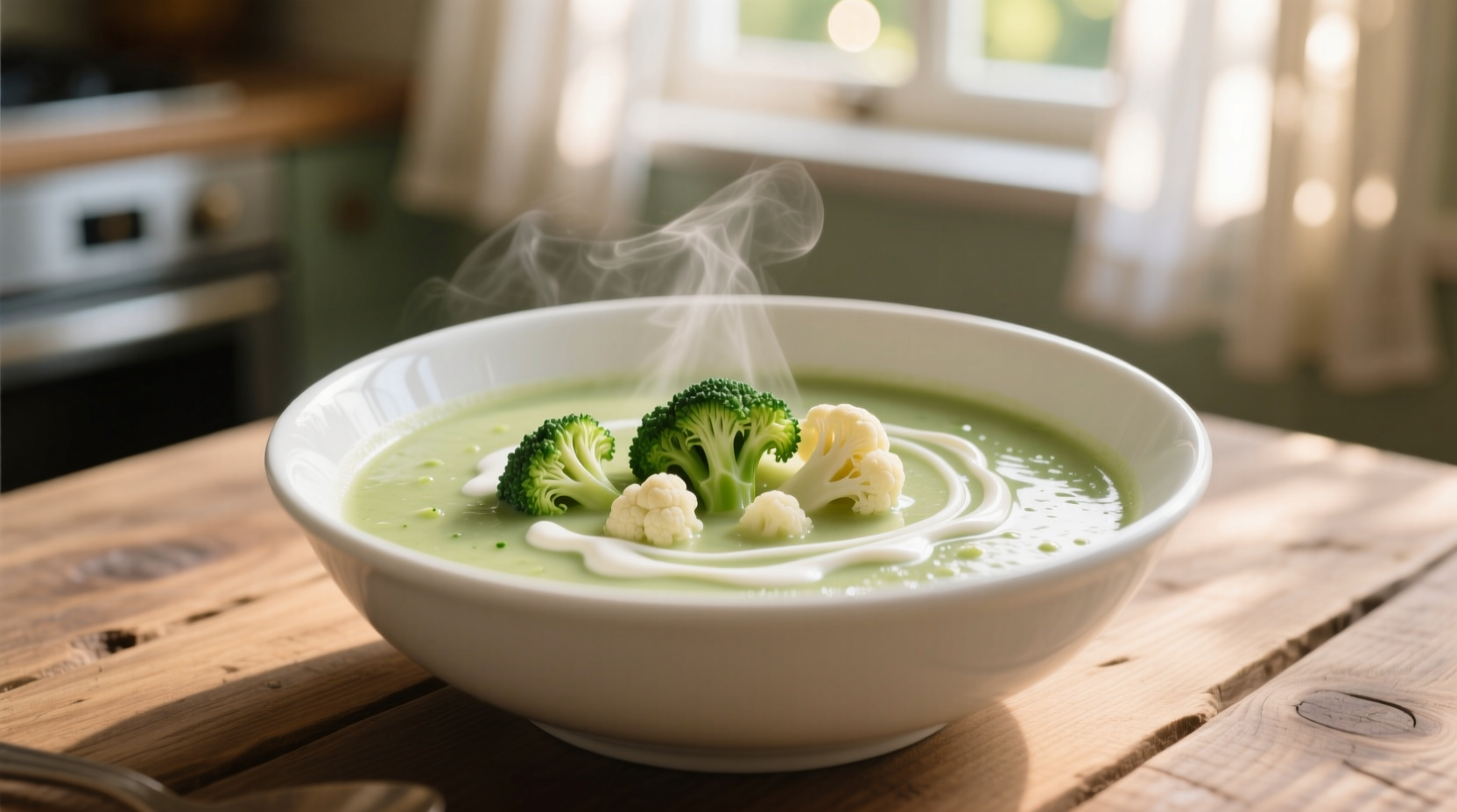 Creamy broccoli cauliflower soup in white bowl