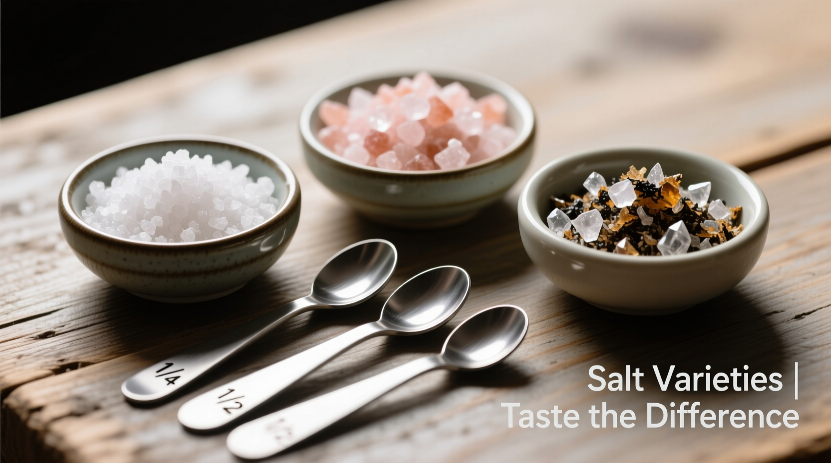 Three small bowls showing different salt varieties with measuring spoons