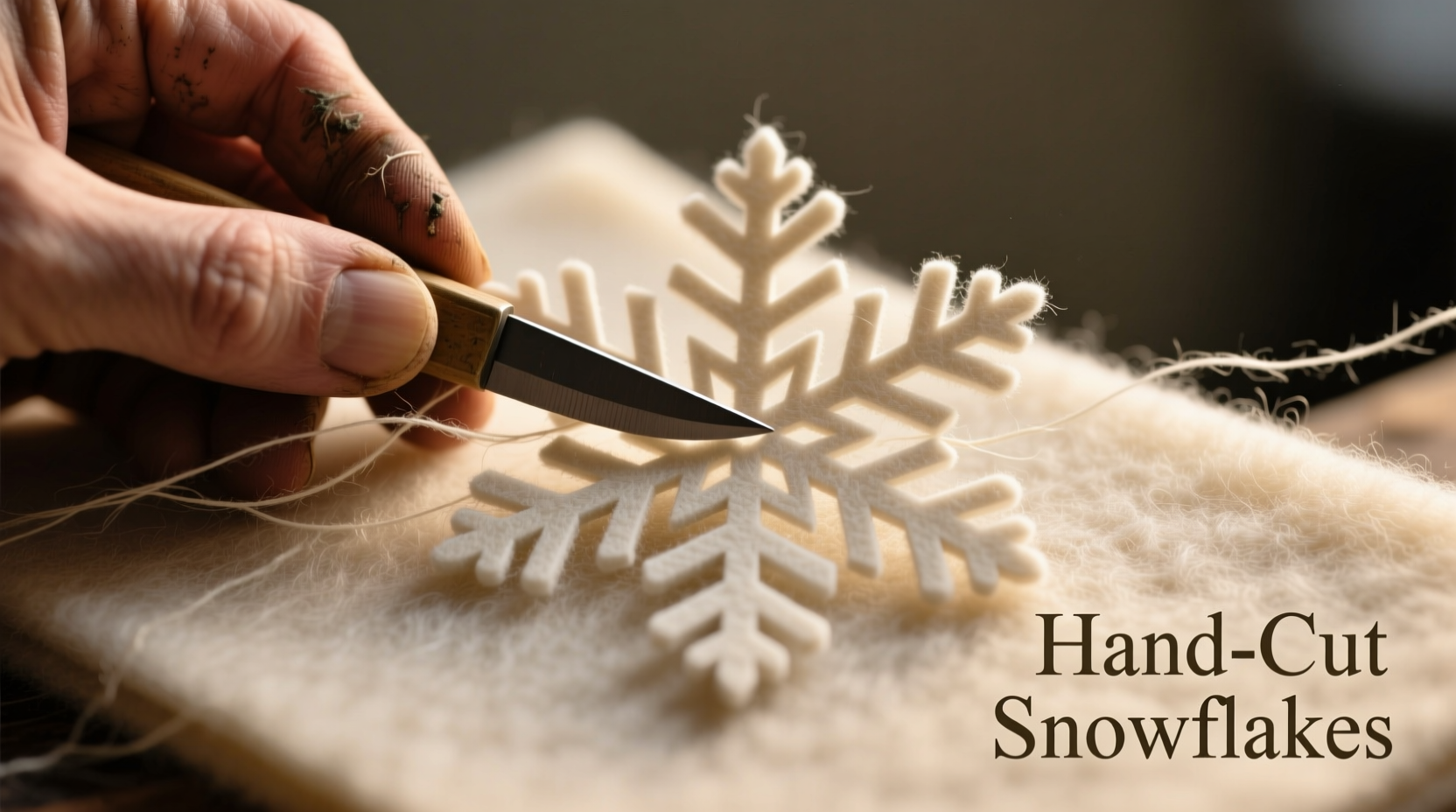 Hand cutting snowflake shapes from wool felt sheets