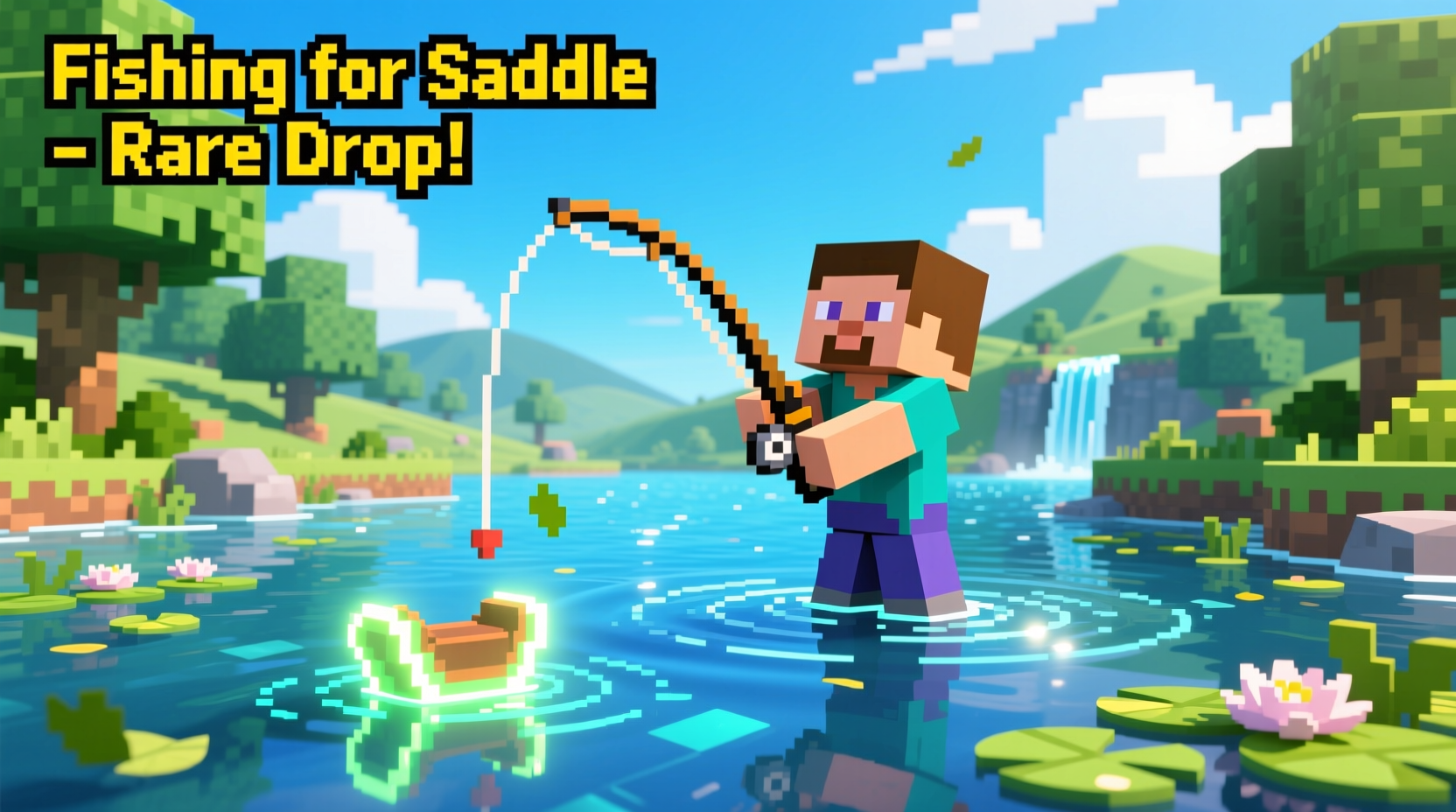 Minecraft player fishing for saddle in river biome