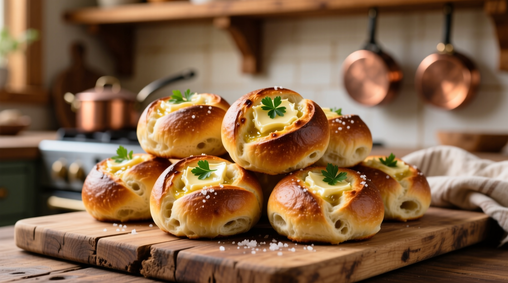 Golden brown sourdough garlic knots on wooden board