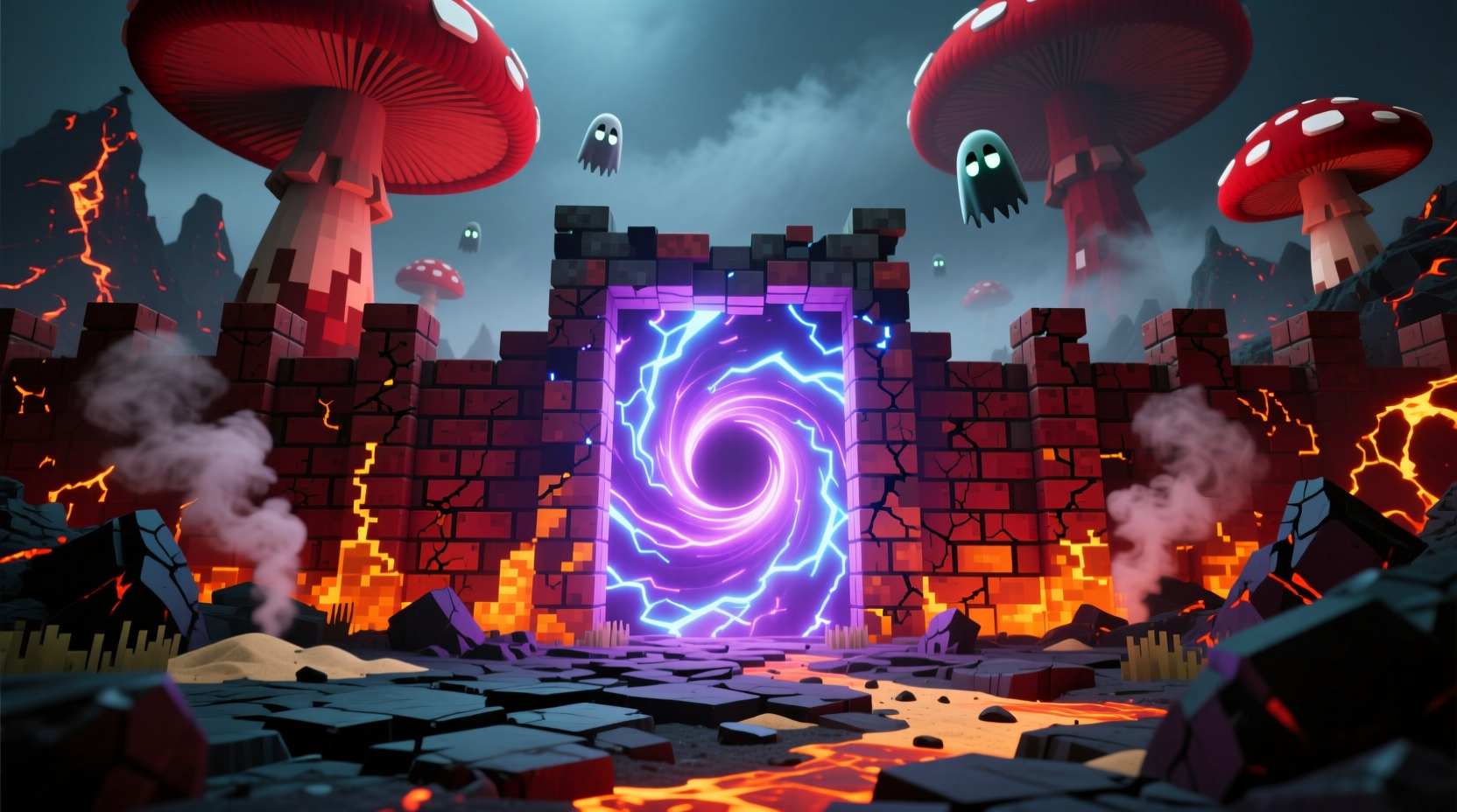 Nether brick fence surrounding a Minecraft portal in the Nether dimension