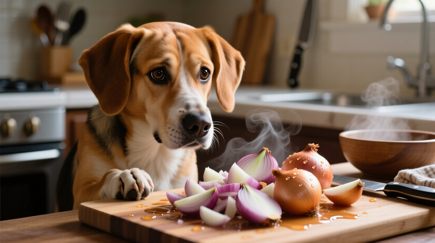 Dog looking concerned near chopped onions