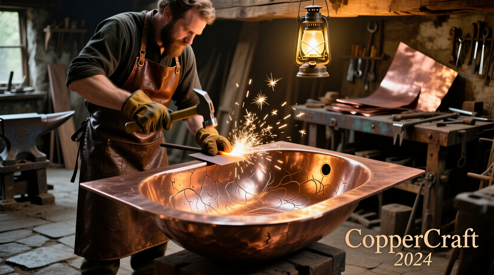 Artisan crafting copper kitchen sink by hand