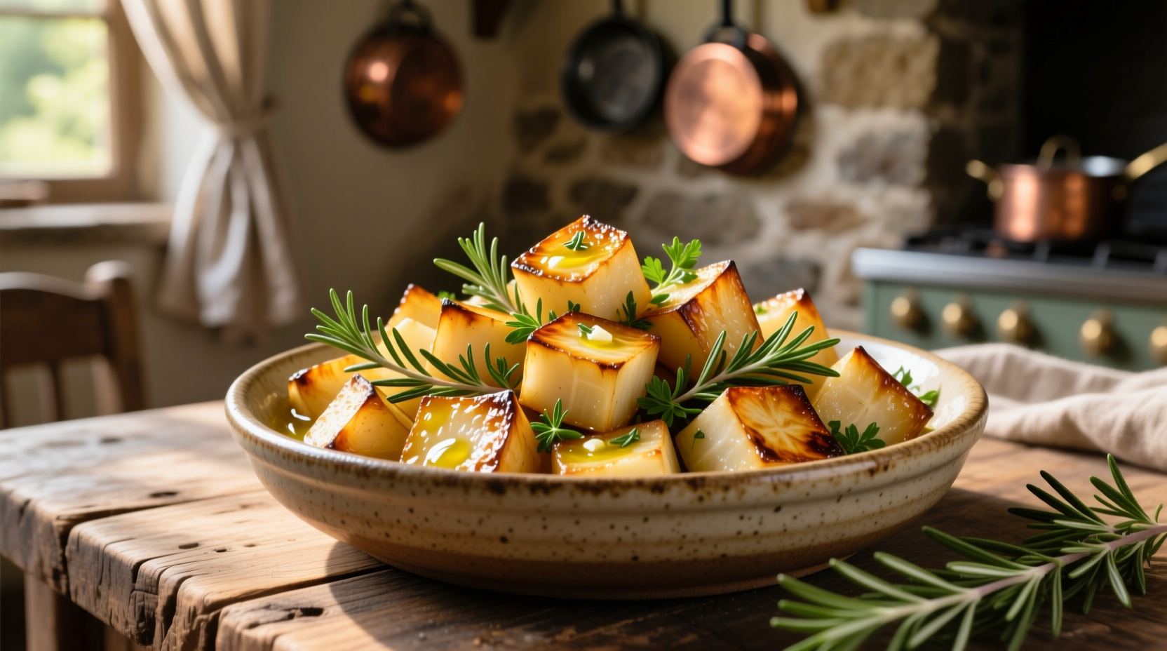 Golden roasted turnip cubes with herbs