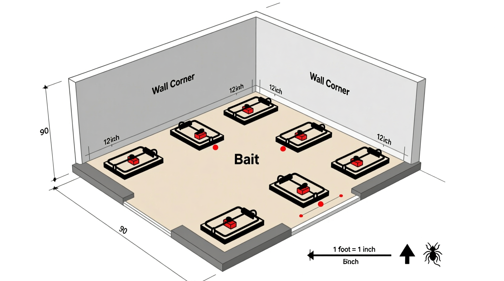 Mouse trap placement diagram showing wall corners and bait locations