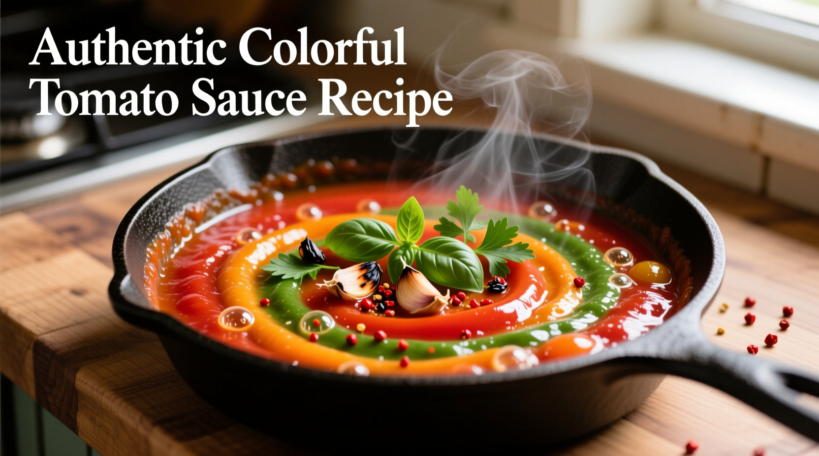Colorful tomato sauce recipes in cast iron skillet