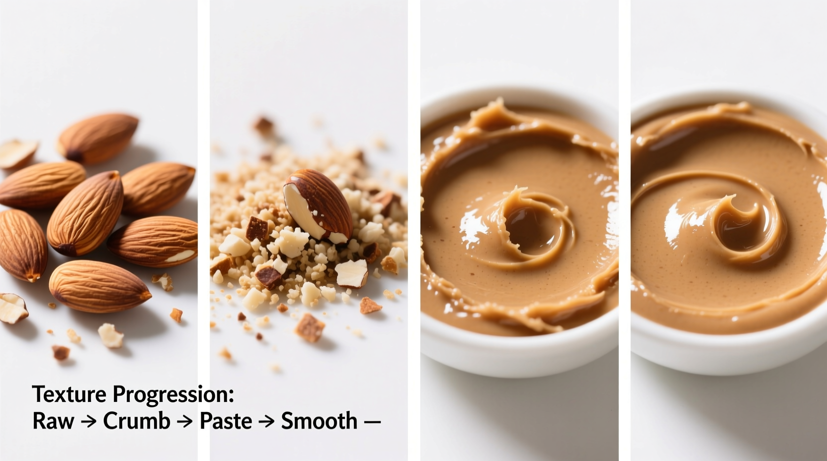 Homemade almond butter texture progression stages