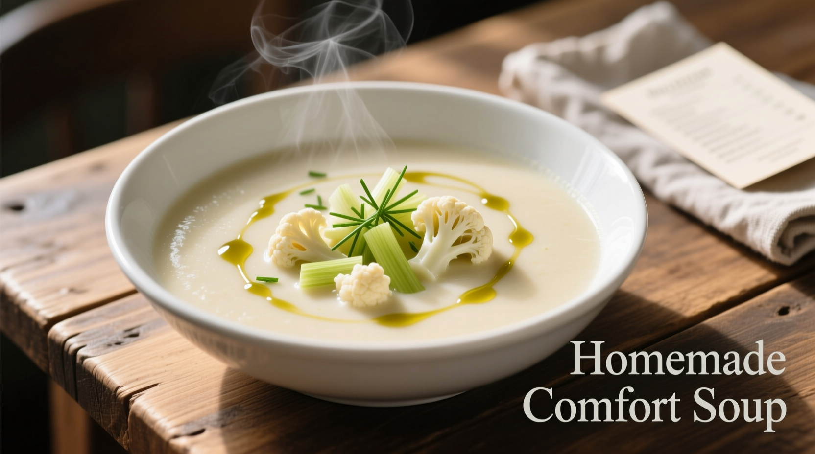 Creamy cauliflower and leek soup in white bowl