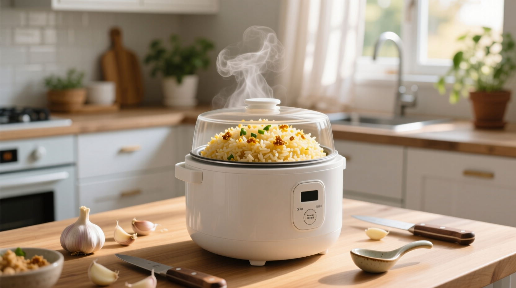 Perfectly cooked garlic rice in white rice cooker