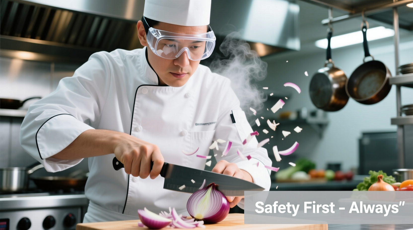 Chef wearing properly fitted safety goggles while chopping onions