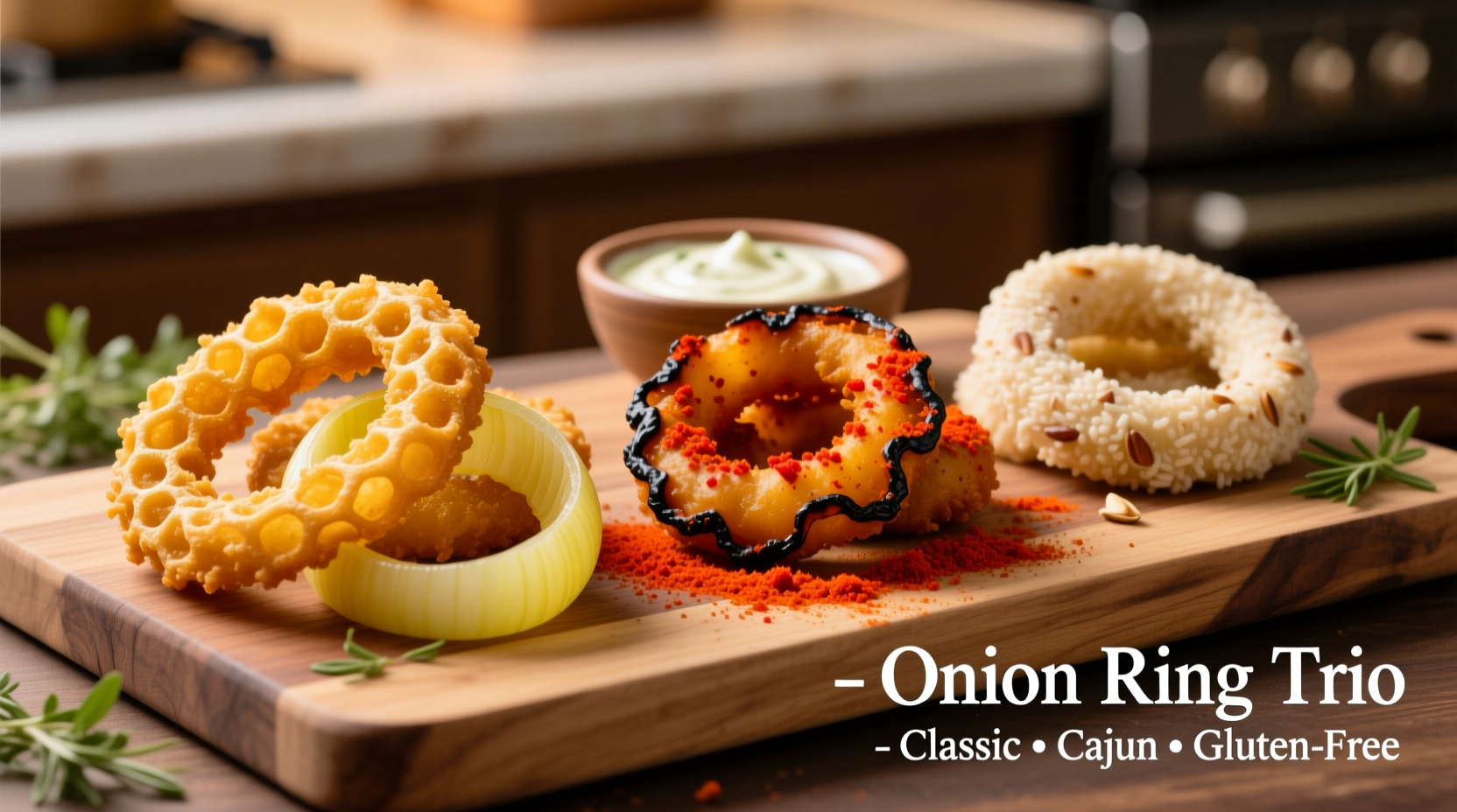 Three variations of onion rings: classic, spicy cajun, and gluten-free