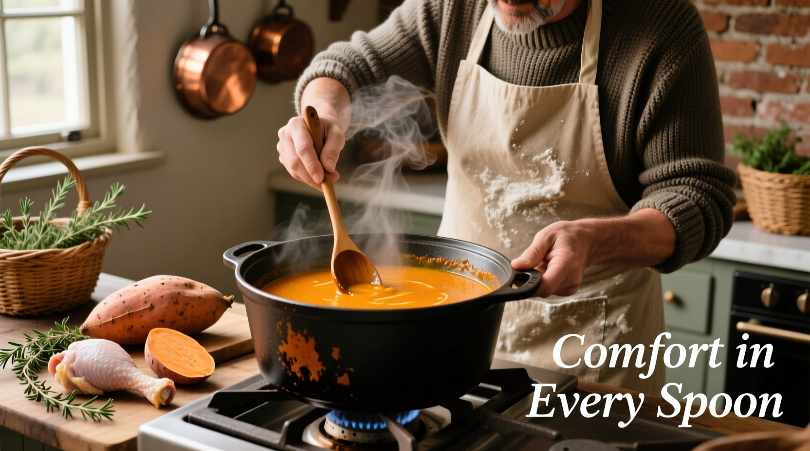 Chef preparing chicken sweet potato soup in cast iron pot
