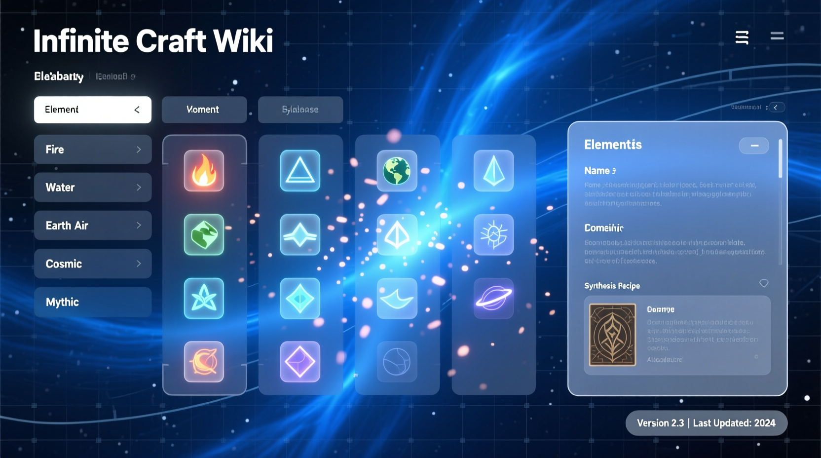 Infinite Craft wiki interface showing categorized element database
