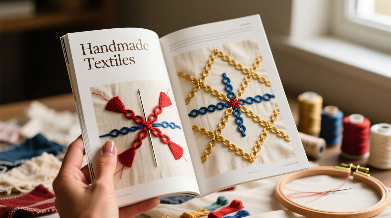 Hand holding craft magazine open to textile embroidery tutorial