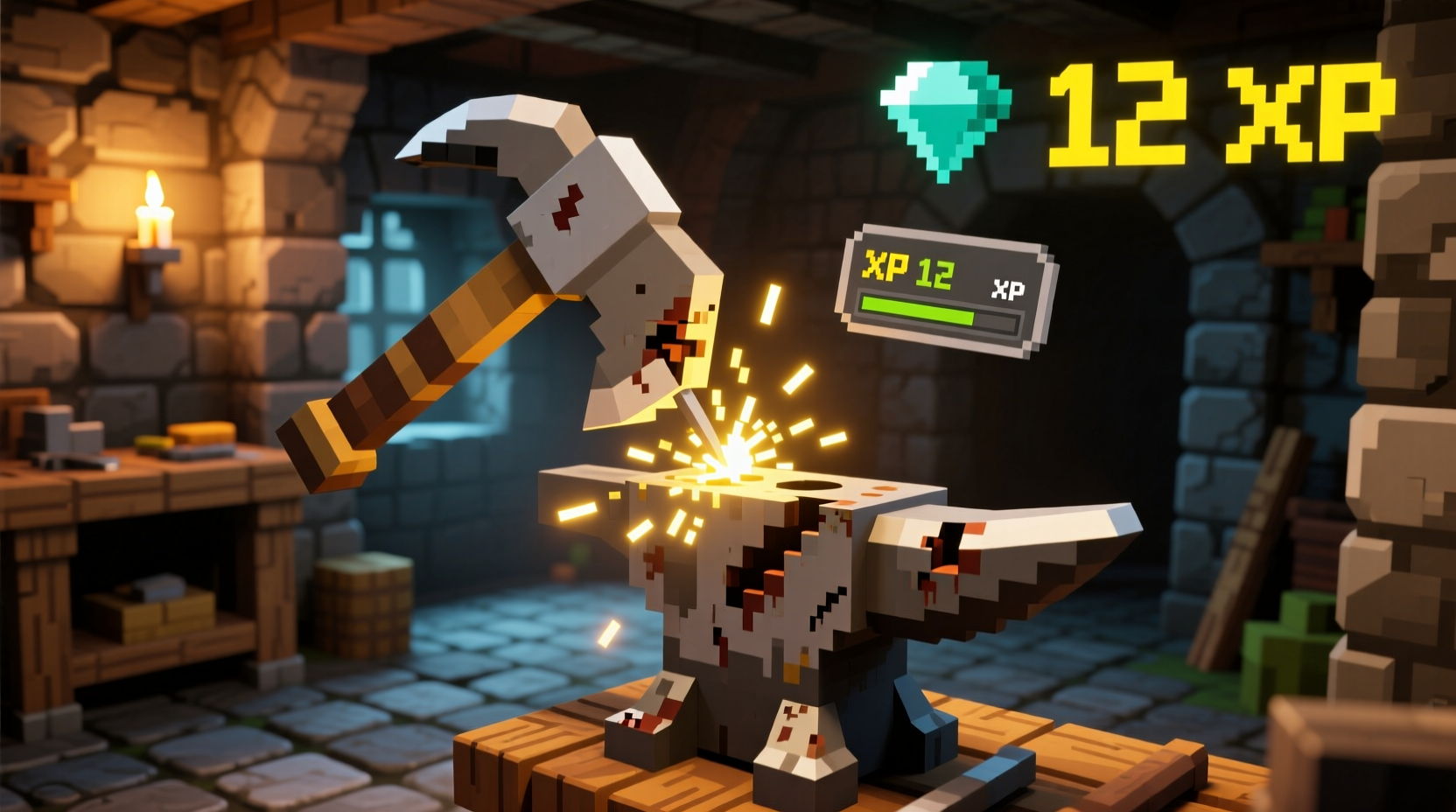 Minecraft anvil repairing diamond pickaxe with XP cost