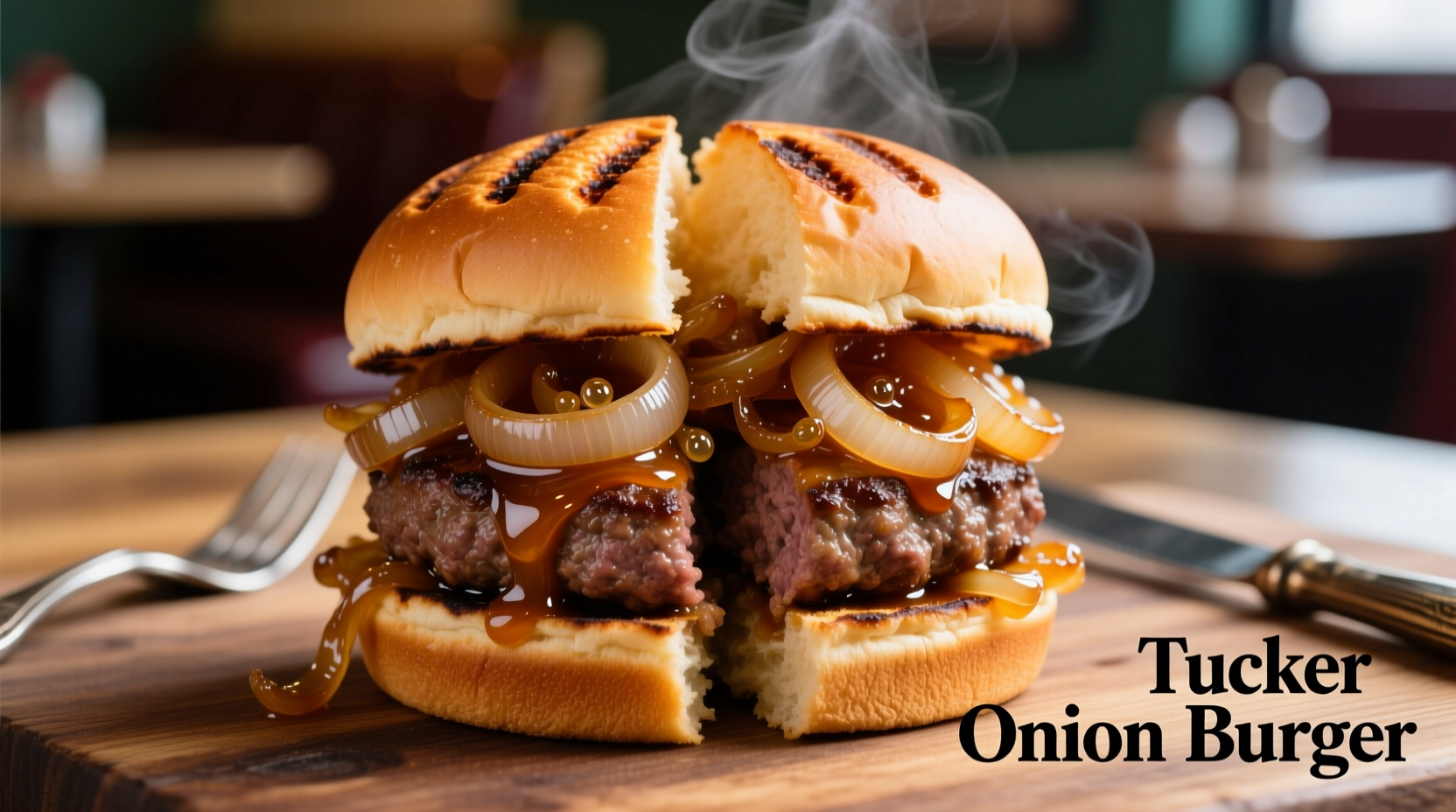 Tucker onion burger with caramelized onions on toasted bun