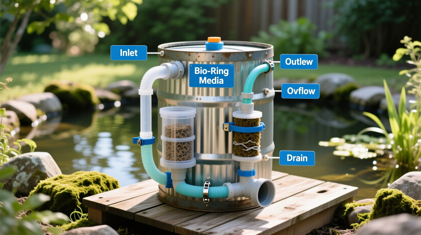 Completed DIY barrel pond filter with labeled components