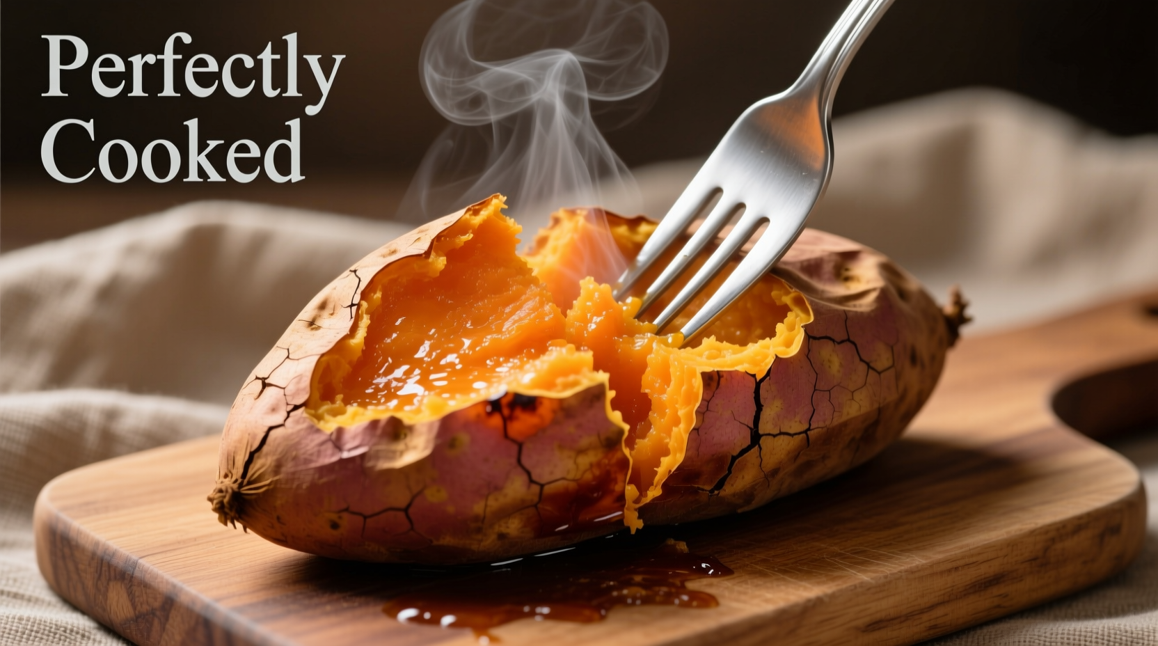 Perfectly cooked microwaved sweet potato with fork