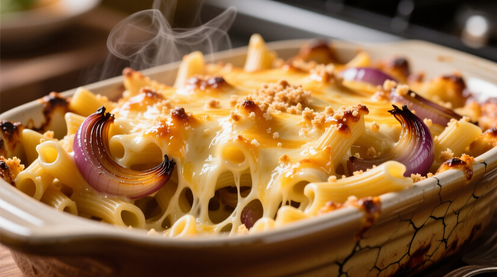 Golden baked french onion macaroni and cheese with melted cheese and caramelized onions