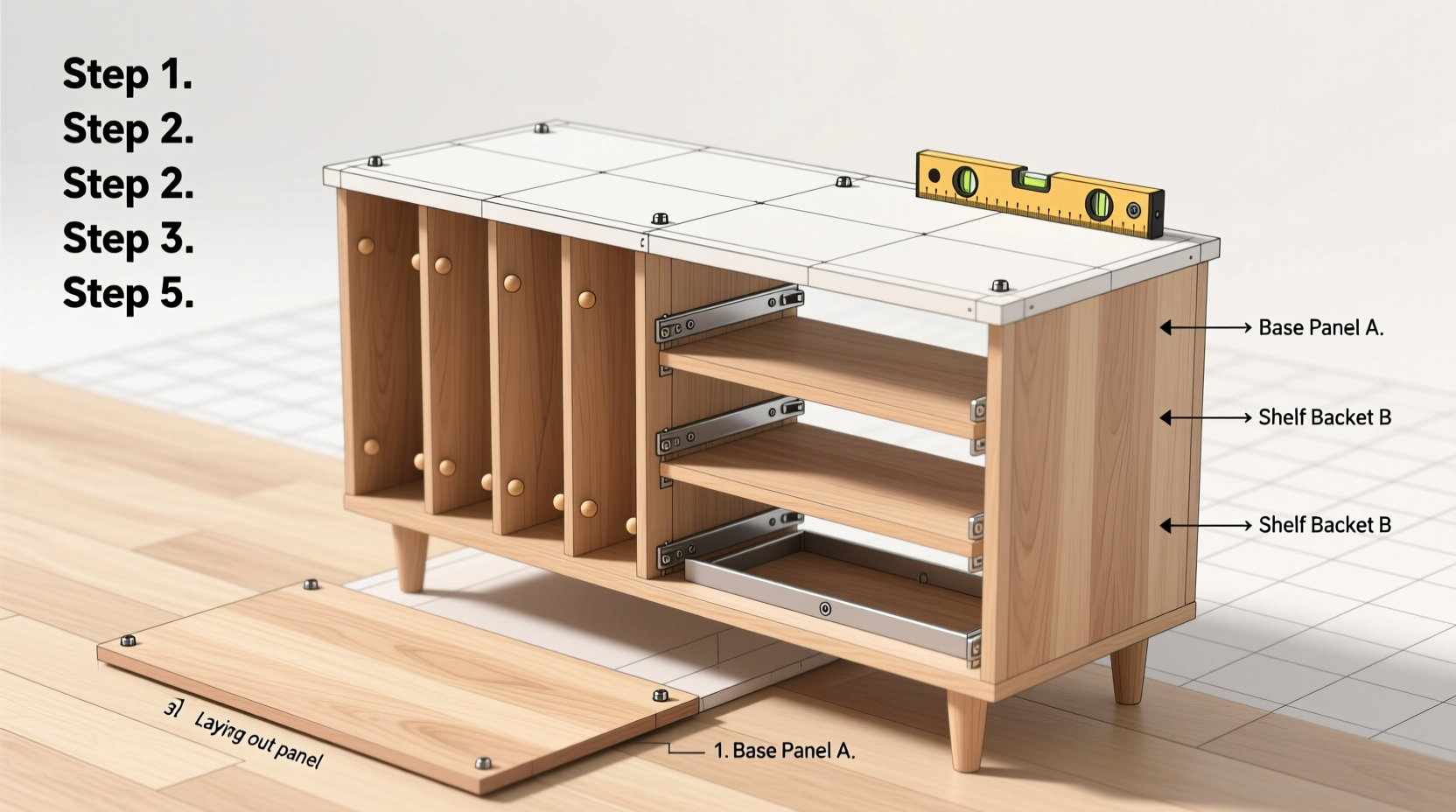 Step-by-step assembly of craft organizer cabinet with table